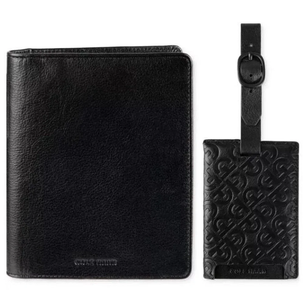 COLE HAAN Passport Wallet Set Black Leather Travel Luggage Tag Gift Box $98